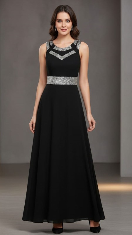 VESTIDO NEGRO CON BRILLOS PLATEADOS