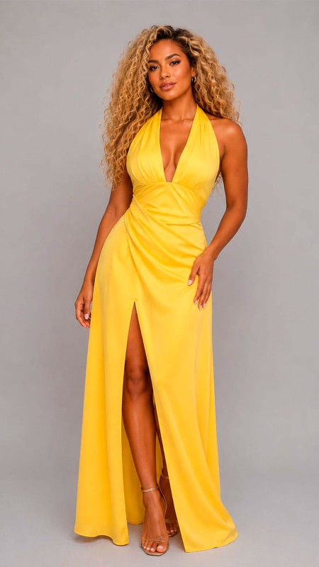 VESTIDO AMARILLO CON ABERTURA EN LA PIERNA TELA SEDA ESCOTE EN V