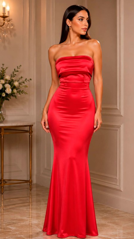 VESTIDO ESTRAPLE EN COLOR ROJO TELA GRUESA Y SATINADA