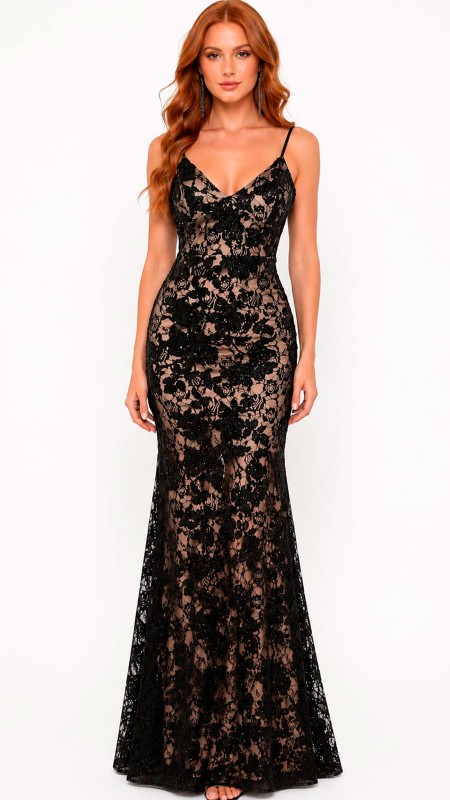 VESTIDO NEGRO ESTAMPADO DE FLORES CON FORRO COLOR PIEL CORTE SIRENA