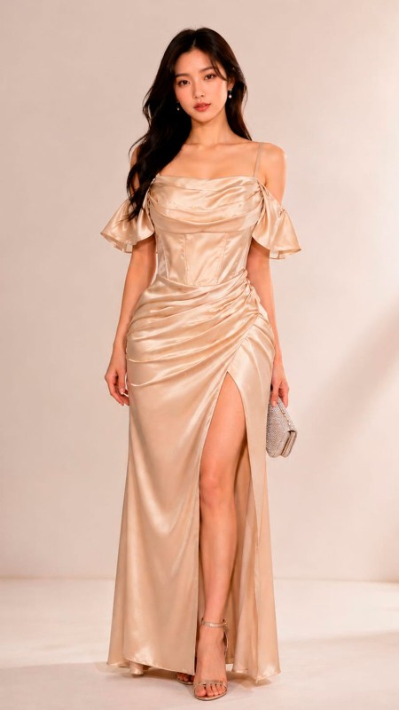 VESTIDO COLOR BEIGE EN TELA SATINADA CON MANGAS CAIDAS PRINCESA