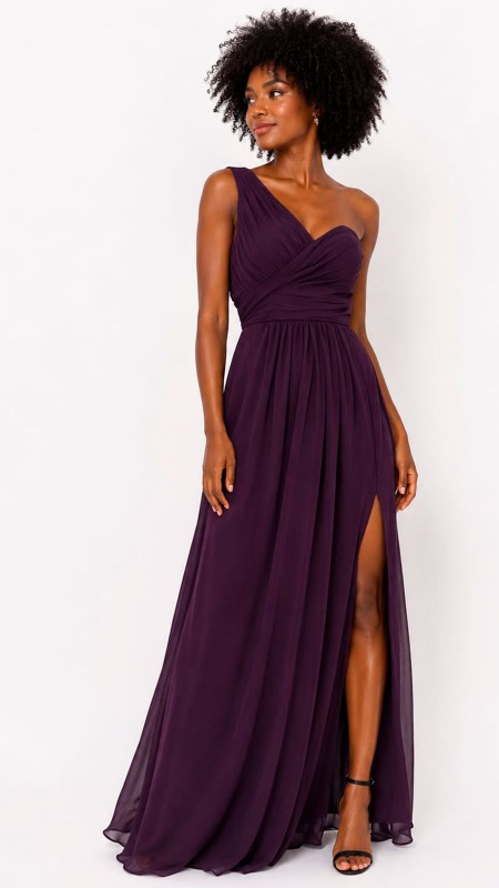 VESTIDO COLOR LILA OSCURO TELA SEDA ASIMETRICO