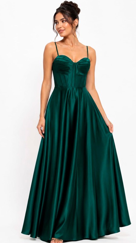 VESTIDO COLOR VERDE BOTELLA EN TELA SATINADA ENTERA CORTE PRINCESA