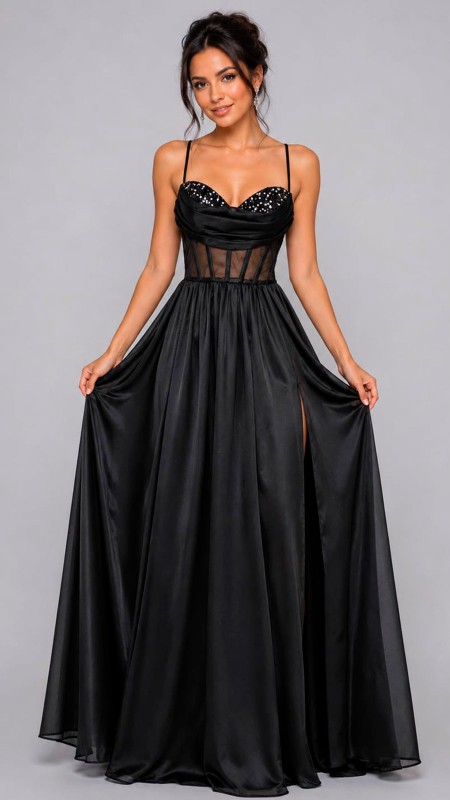 VESTIDO NEGRO CON BRILLOS EN LA PARTE SUPERIOR TELA SATINADA EN LA PARTE INFERIOR CORTE PRINCESA