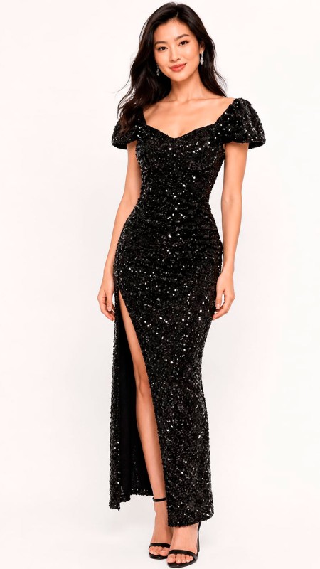 VESTIDO NEGRO CON MANGAS CORTAS CON LENTEJUELAS EN TODO EL VESTIDO