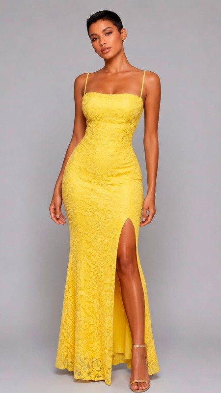 VESTIDO AMARILLO FUERTE CON CORSET CORTE RECTO EN LA PARTE SUPERIOR DE LENTEJUELAS