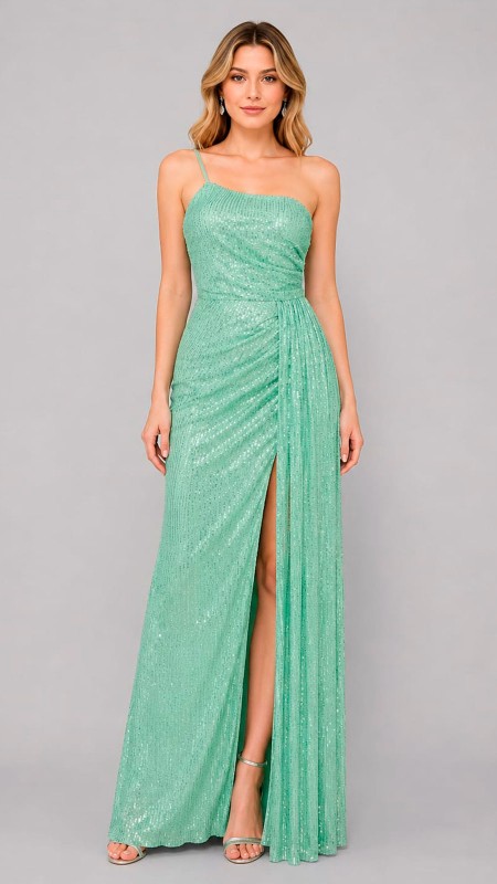 VESTIDO VERDE AGUA CON LENTEJUELAS EN TODO EL VESTIDO ASIMETRICO