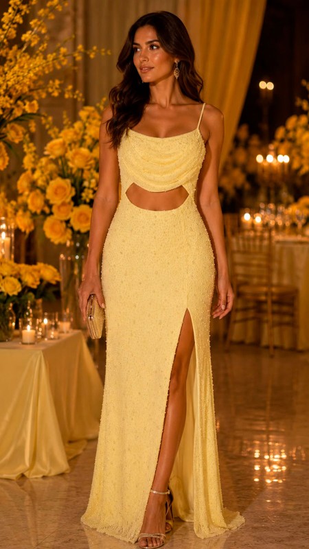 VESTIDO AMARILLO CON PERLAS