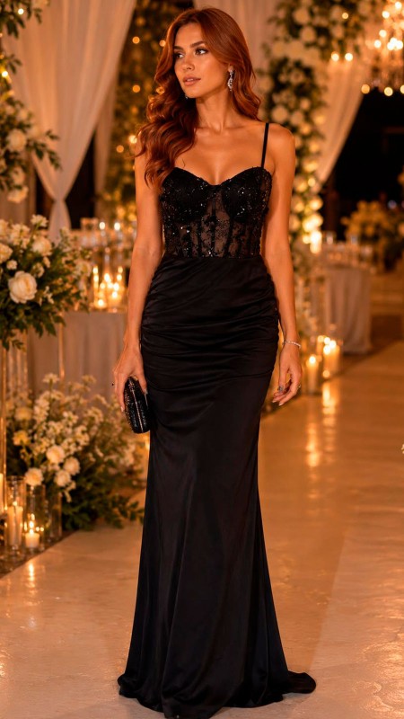 VESTIDO NEGRO CON CORSET Y COLITA