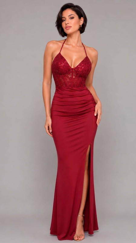 VESTIDO ROJO CON TRANSPARENCIA EN LA PARTE SUPERIOR CON TELA SATINADA EN LA PARTE INFERIOR