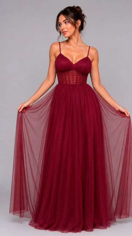 VESTIDO COLOR VINO TELA SEDA CON TULL CORTE PRINCESA TRANSPARENCIA EN LA PARTE SUPERIOR