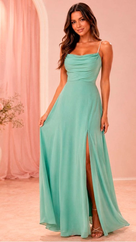 VESTIDO VERDE AGUA TELA SEDA CON TIROS DE PERLAS CORTE PRINCESA