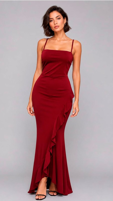 VESTIDO COLOR ROJO TELA LICRA CON VOLADOS EN LA PARTE INFERIOR DE LAS PIERNAS