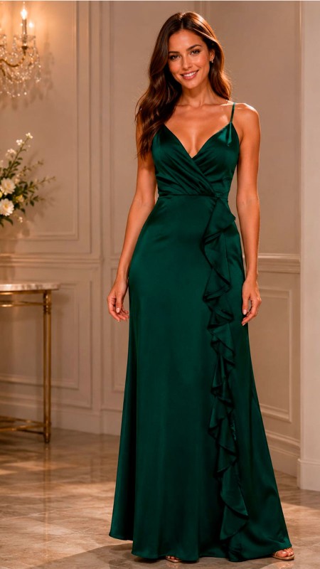 VESTIDO COLOR VERDE BOTELLA OSCURO EN TELA SATINADA CON DETALLES DE FLORES EN LA PIERNA