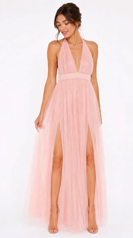 VESTIDO COLOR PALO DE ROSA ESCOTE EN V Y CORTE A EN LAS DOS PIERNAS