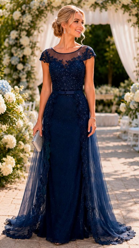 VESTIDO AZUL MARINO CON ENCAJE Y COLITA