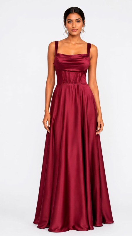 VESTIDO GUINDO TONO VINO EN TELA ENTERA SATINADA