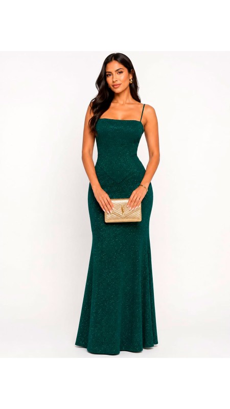 VESTIDO VERDE CLARO CON TELA DE BRILLOS CORTE PRINCESA