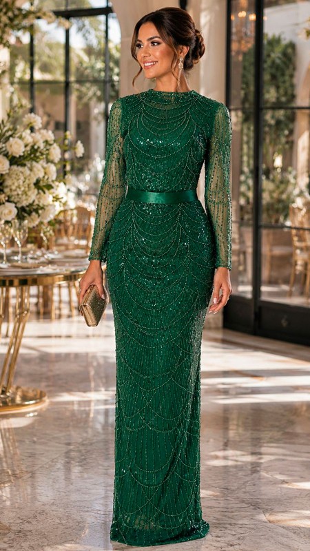 VESTIDO VERDE OSCURO CON PIEDRERIA Y MANGA LARGA