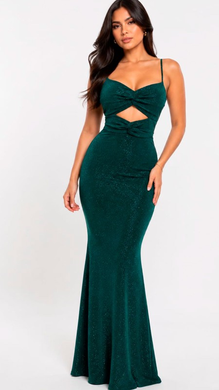 VESTIDO VERDE OSCURO DE LE CON BRILLOS Y ESCOTE EN EL ABDOMEN TELA LICRA
