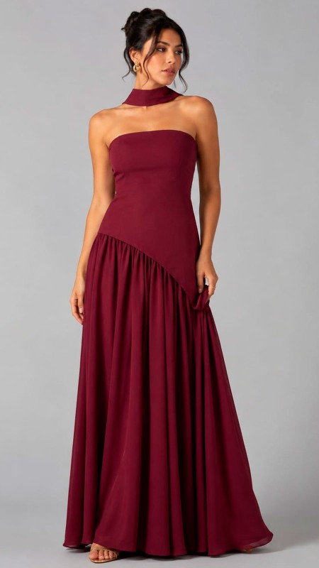 VESTIDO GUINDO EN ESTRAPLE TELA SEDA CON MASCADA PARA EL CUELLO