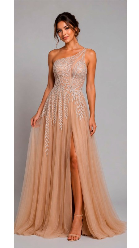 VESTIDO COLOR CHAMPANGE CON DETALLES DE FLORES EN PLATEADO PARTE SUPERIOR ASIMETRICO