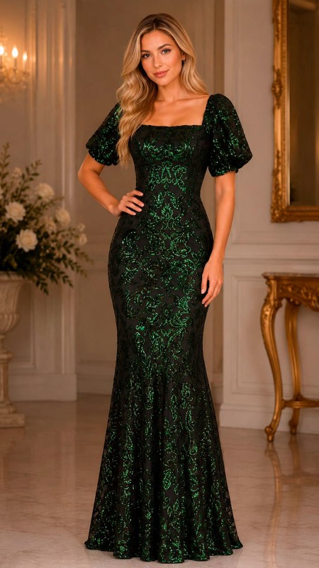 VESTIDO VERDE OSCURO CON NEGRO MANGAS CORTAS DE LENTEJUELAS