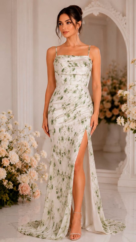 VESTIDO COLOR BLANCO CON ESTAMPADO DE FLORES VERDES EN TELA SATINADA CON CORSET