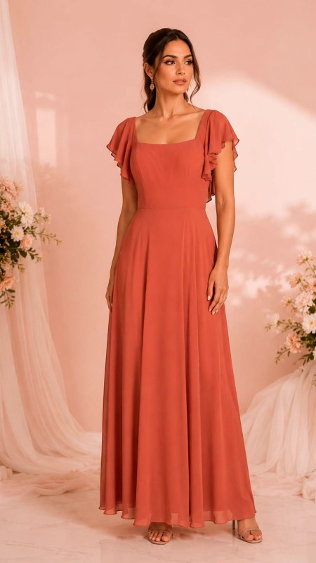 VESTIDO COLOR TERRACOTA EN TELA SEDA CON MANGAS CORTAS
