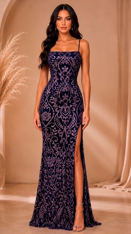 VESTIDO LILA OSCURO TORNAZOLADO CON LENTEJUELAS CORTE RECTO EN EL BUSTO