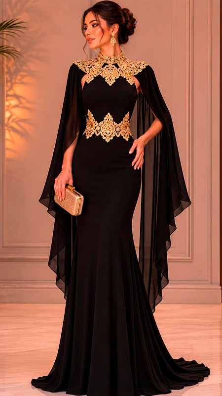 VESTIDO NEGRO CON MANGAS ESTILO ROMANO TELA SEDA CON DETALLES DORADOS EN LA PARTE DEL CUELLO Y LA CINTURA DEL CUELLO