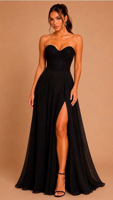 VESTIDO NEGRO CON BRILLOS EN LA PARTE DE ARRIBA EN ESTRAPLE COTE PRINCESA CON ABERTURA EN LA PIERNA