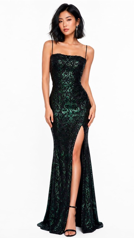 VESTIDO VERDE TORNAZOLADO CON NEGRO Y LENTEJUELAS ABERTURA EN LA PIERNA