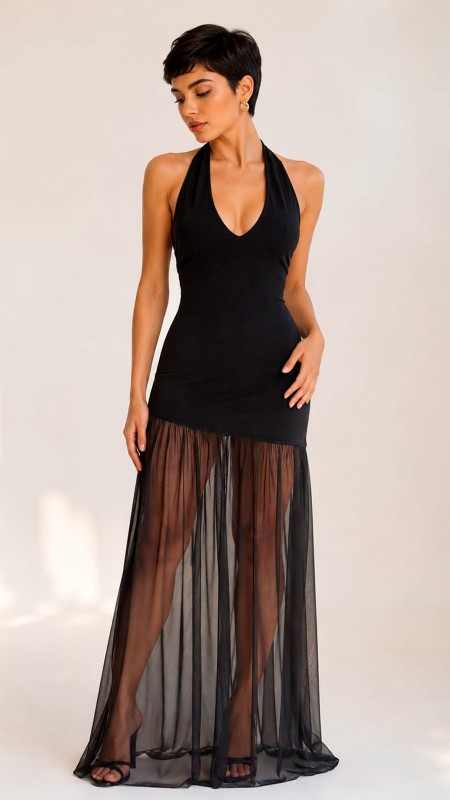 VESTIDO NEGRO ESCOTE OVALADO CON TELA TRANSPARENTE EN LA PARTE DE ABAJO