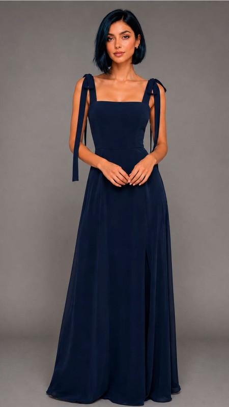 VESTIDO AZUL MARINO OSCURO TELA SEDA CORTE RECTO EN LA PARTE DEL ESCOTE CORTE PRINCESA