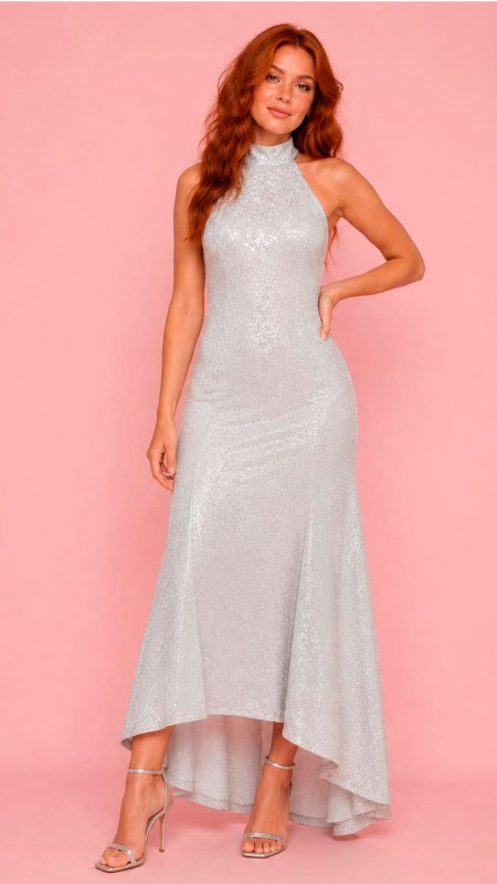 VESTIDO COLOR PLATEADO TRES CUARTOS CON CUELLO CERRADO