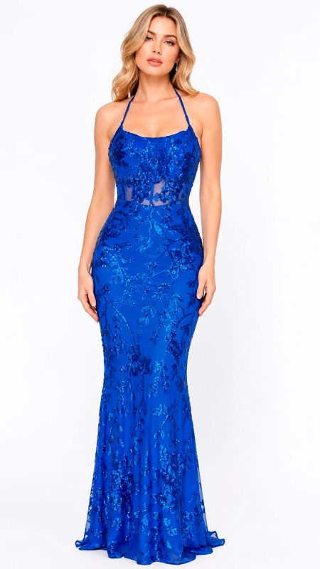 VESTIDO AZUL ELECTRICO CON BORDADO DE LENTEJUELAS Y ROSAS