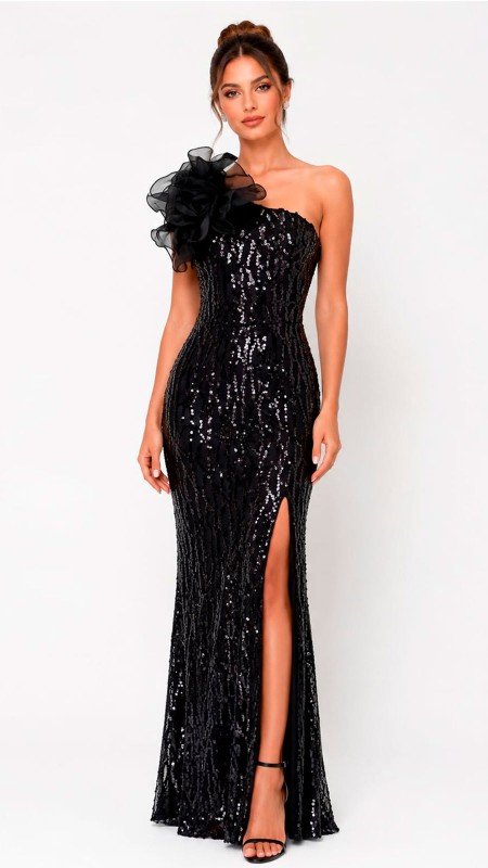 VESTIDO NEGRO SIMETRICO CON DETALLE DE ROSA EN EL HOMBRO CON LENTEJUELAS