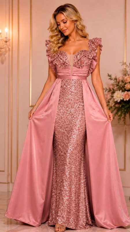 VESTIDO ROSADO CON CAPA Y LENTEJUELAS ENTERAS MANGAS EN LOS HOMBROS