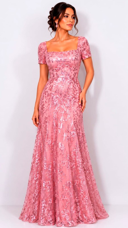 VESTIDO COLOR ROSA OSCURO CON ESTAMPASO DE FLRORES BRILLOSAS Y MANGA CORTA