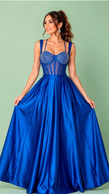 VESTIDO AZUL ELECTRICO ESCOTE DE CORAZON CON PERLAS Y CORTE PRINCESA EN TELA SATINADA