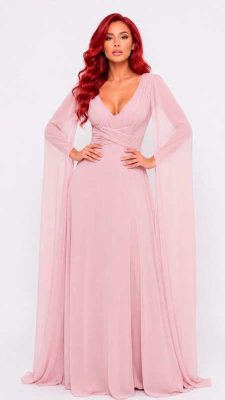 VESTIDO COLOR ROSA BBE TELA SEDA MAGAS LARGAS ROMANAS
