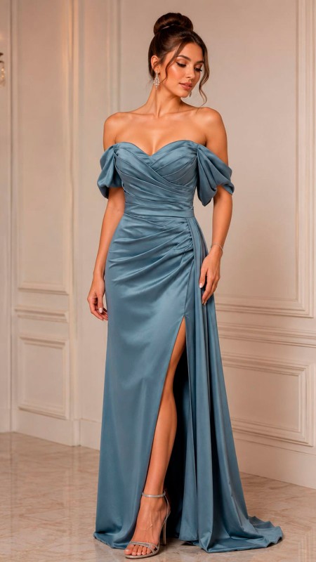 VESTIDO COLOR CELESTE EN TELA TOTALMENTE SATINADA MANGA PRINCESA