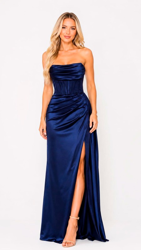 VESTIDO AZUL MARINO OSCURO SATINADO EN ESTRAPLE Y CON CAPA