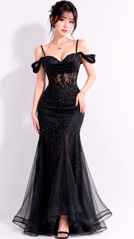 VESTIDO NEGRO MANGA PRINCESA CON TULL ABAJO CORTE SIRENA