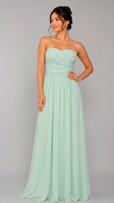 VESTIDO CELESTE AGUA EN TELA SEDA CON ESTRAPLE