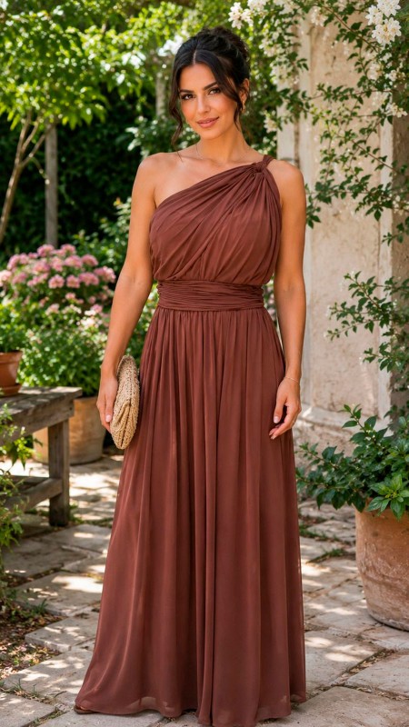 VESTIDO CAFE DE GASA CON PLIEGUES