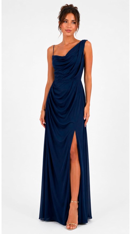 VESTIDO AZUL MARINO OSCURO ASIMETRICO EN TELA SATINADA