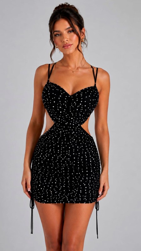 VESTIDO NEGRO CON ABERTURA EN AMBOS LADOS DE LA CINTURA CON BRILLITOS