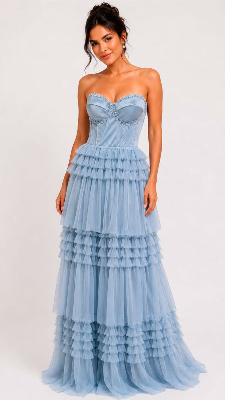 VESTIDO CELESTE CON VOLADOS ESTRAPLE CORTE PRINCESA